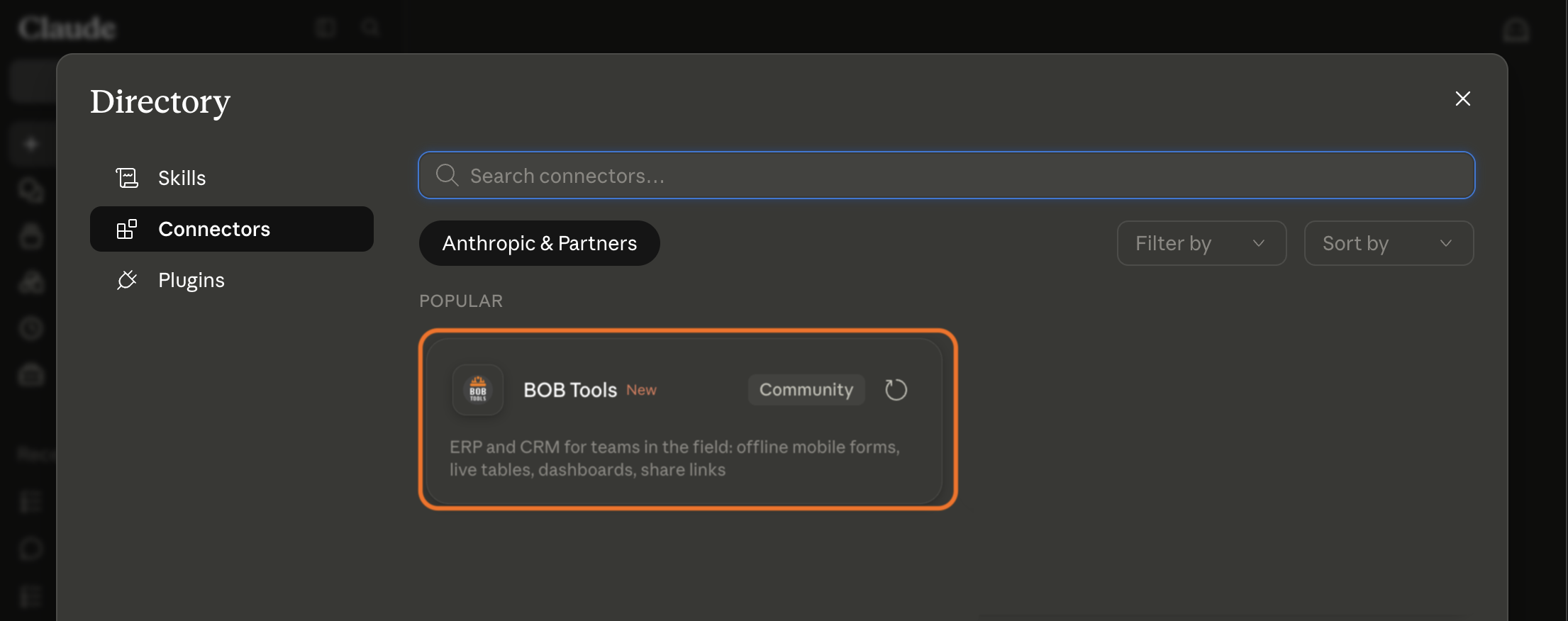 BOB Tools connector in the Claude directory