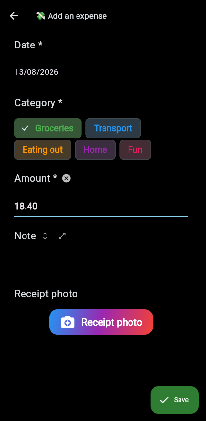 Adding an expense through the phone link — colored chips, receipt photo, Save.