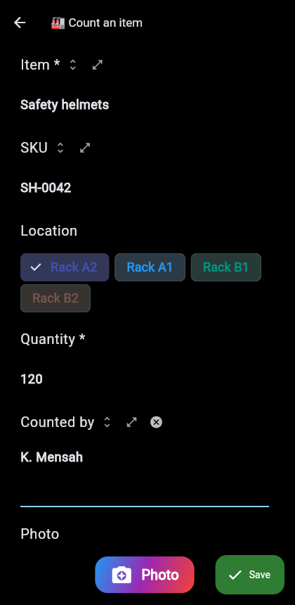 Warehouse stock count — real result