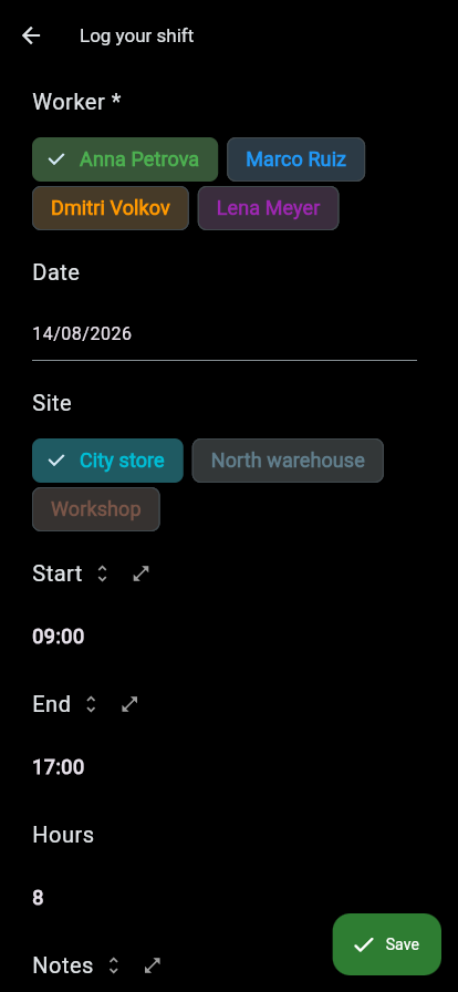 The worker's door: log a shift in five taps, see nothing else.