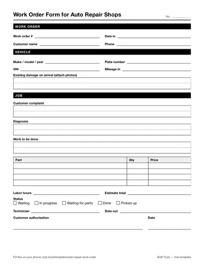 Printable auto repair work order PDF