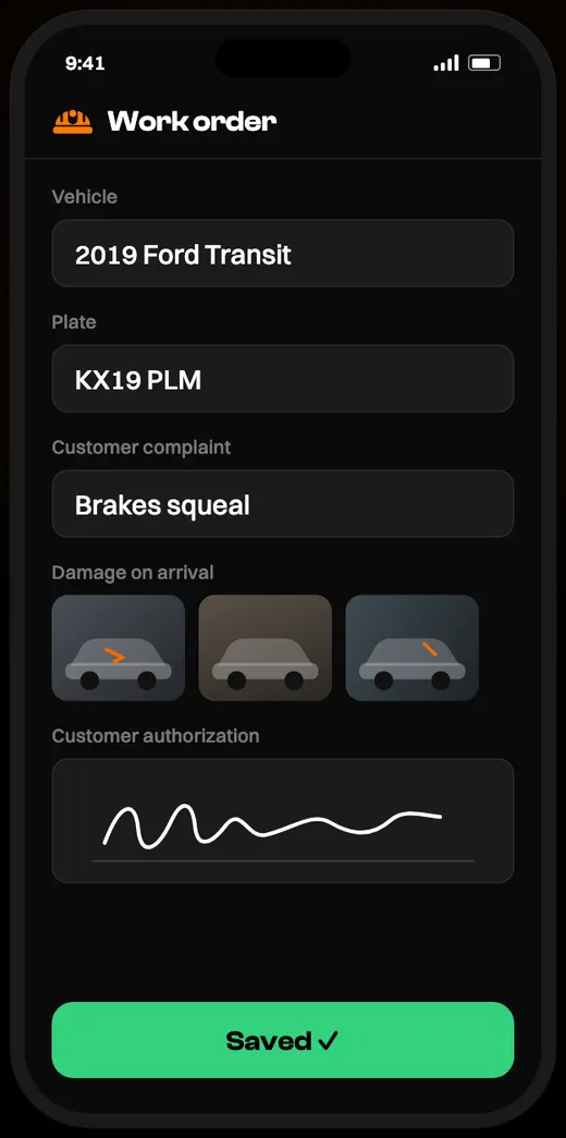 Auto repair work order form on a phone