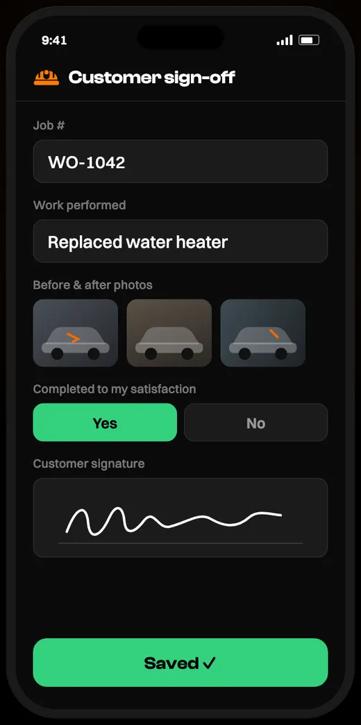 Customer sign-off form on a phone
