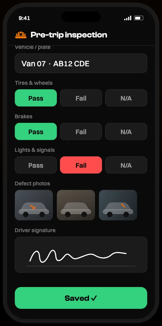 Pre-trip inspection form on a phone